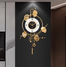 Ginkgoblatt Wanduhr Gold 71cm - Leise Schwinguhr Eisen - Zen Naturstil Design