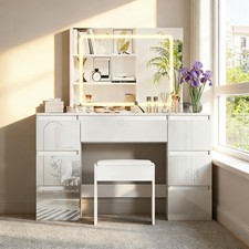 White Dressing Table High Gloss Vanity Makeup Desk 7 Drawers& Stool& LED Mirror