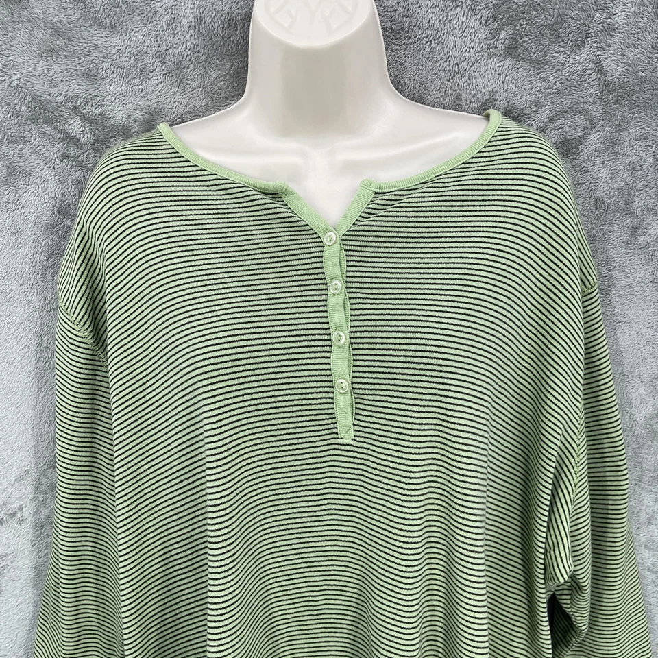 Camisa Mountain Lake Henley Mujer Algodón Preppy Verde Rayas Botón Top Talla 3X Foto 3 de 4