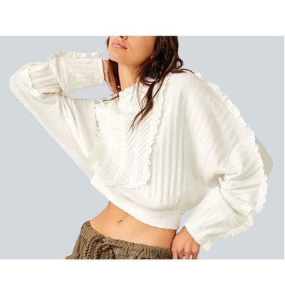 FREE PEOPLE More Romance Lace-Bib Top WHITE Eyelet Pleats Cropped Peasant SIZE S