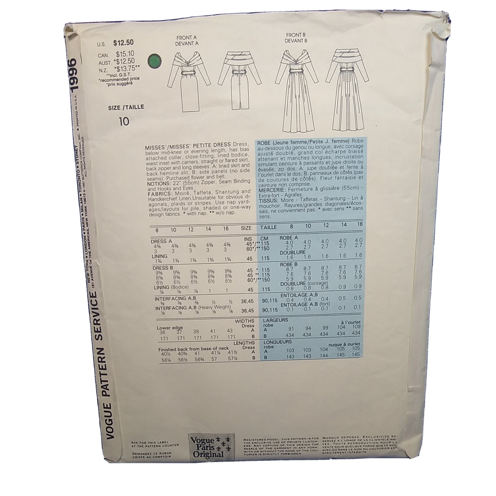 Vogue 1996 Yves Saint Laurent Ladies Dress Size 10 Cut & counted