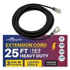 25ft Power Outdoor Extension Cord & Indoor - Waterproof Electric Drop Cord Cable