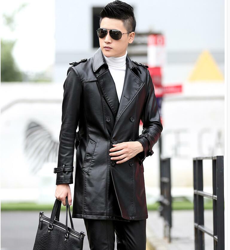 New Mens Double Breasted Casual Mid Long Leather Jacket Coat