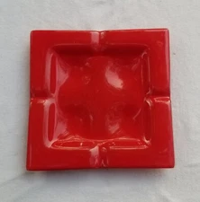 Vintage Mid Century Modern Bright Red Glossy Art Glass 5.75" Square Ashtray...