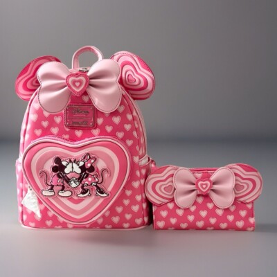 Loungefly Disney Mickey & Minnie Mouse Heart Ears Mini Backpack & Wallet Set NWT