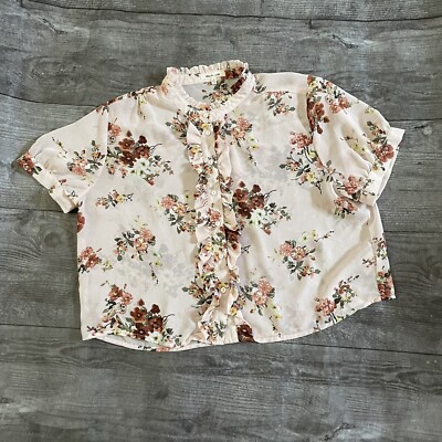 Women s Bleuh Ciel Floral Ruffled Blouse Large Sheer Shirt 
