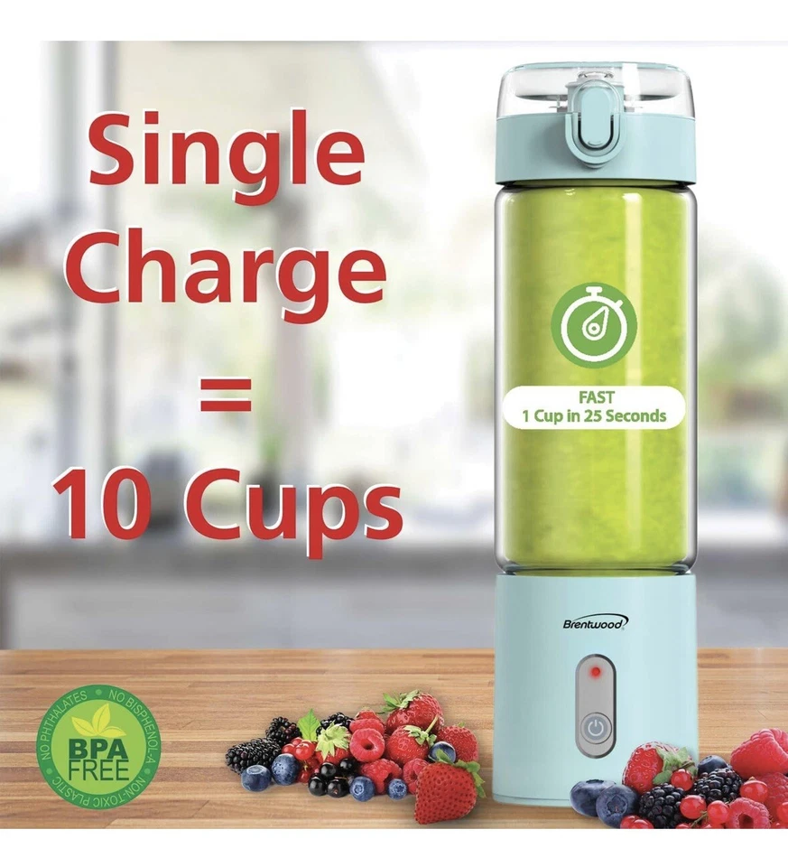 Brentwood 17 oz. Batidora de vidrio portátil recargable (azul) Foto 3 de 4