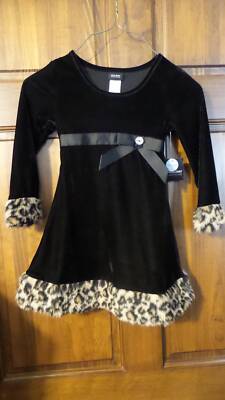 NWT HOLIDAY EDITIONS Black velour dress Leopard print faux fur trim Girls XS 4 5