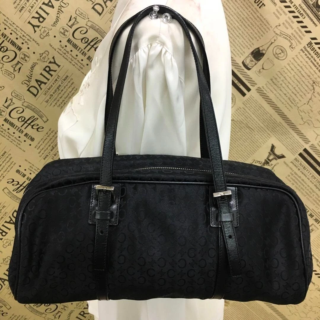 CELINE Boston borsa borsa a tracolla C macadam tela pelle nera USATA originale #S1984