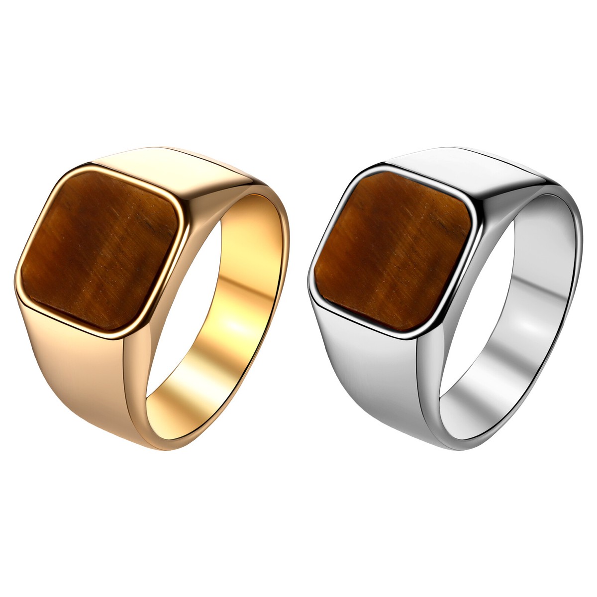 ‌Men's Classic Stainless Steel Tiger Eye Stone Signet Ring Band
