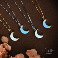 White Opal Moon Pendant Necklace in Sterling Silver, Tiny Crescent Moon Necklace