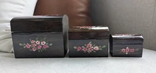 Set Of 3 Dark Brown Wooden Hand Painted Flowers Nesting Trinket Jewelry Boxes