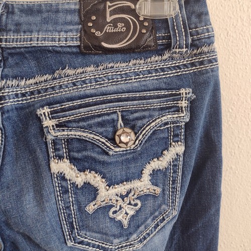 Studio 5 Bootcut Jeans Lowrise Womens 9 X 33 Bling Pockets Dark Wash - Picture 5 of 7