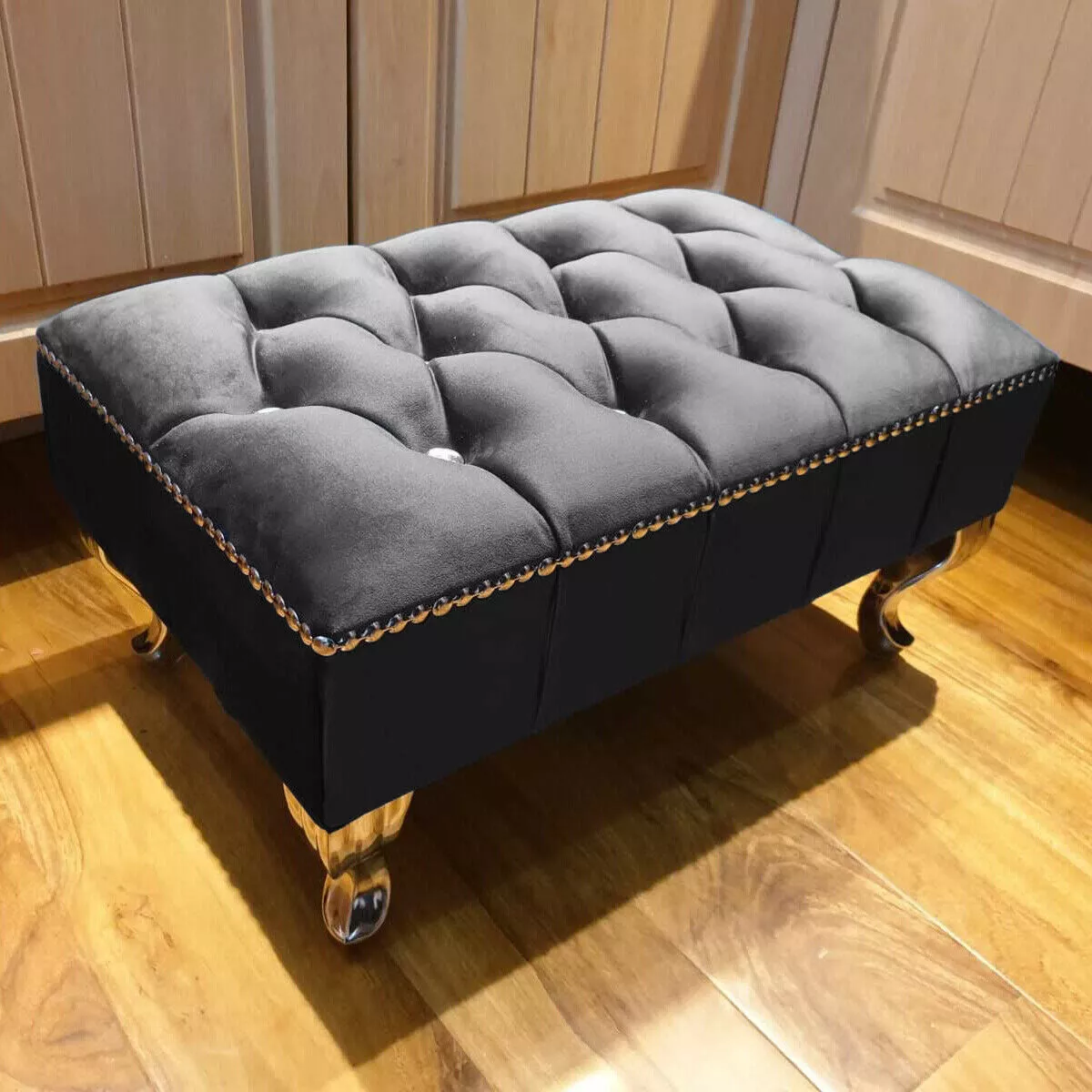 Upholstered Chesterfield Footstool Pouffe Fabric Foot Stool Seat Small Bench