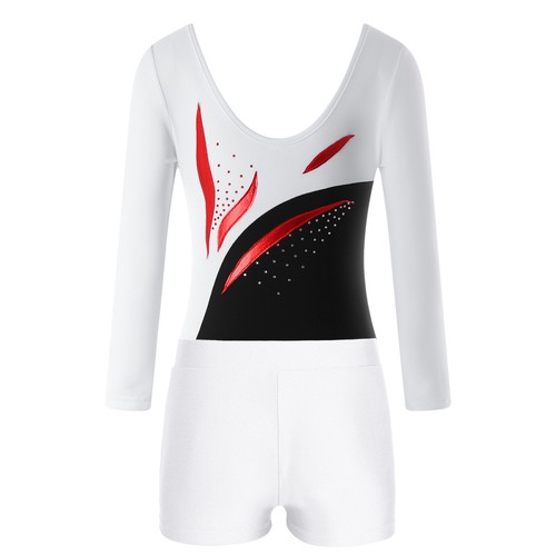 FEESHOW Girls Sparkly Rhinestones Long Sleeve Gymnastics Leotard and Shorts AU - Picture 7 of 81