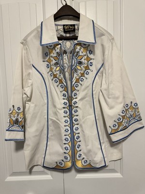 Bob Mackie Jacket White Cut Out Embroidered Full Zip Boho Aztec Western Rodeo Lg