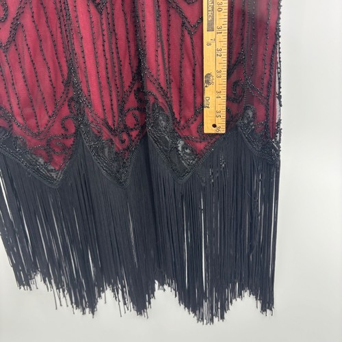 Womens Flapper Dress Burgundy Black Beaded Fringe V Neck Short Sleeve Gatsby - Picture 21 of 23