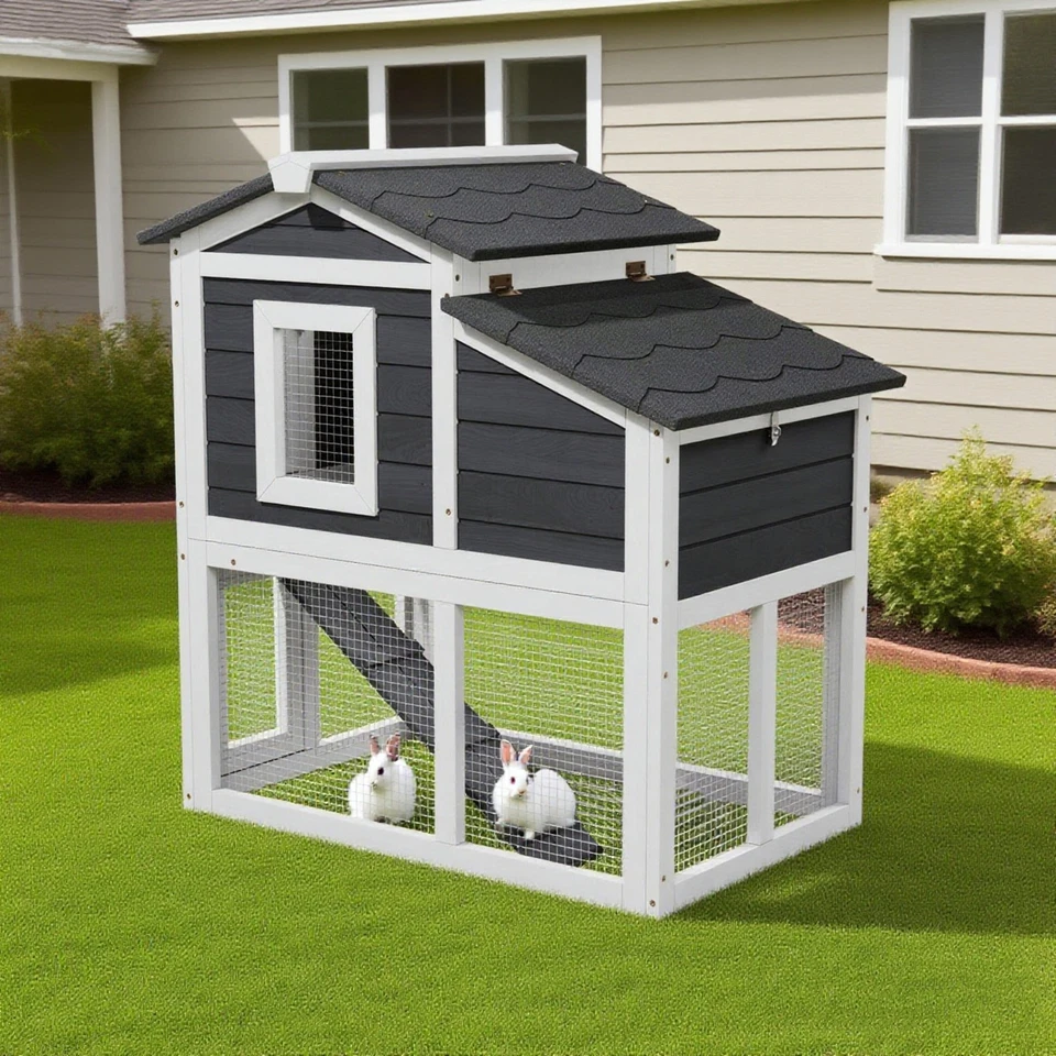 Gallinero de madera para conejos de 2 niveles con funcionamiento - resistente a la intemperie al aire libre Foto 3 de 4