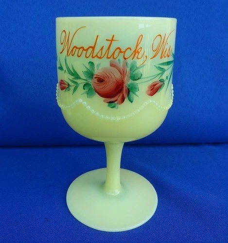 HEISEY EAPG Uranium UG Custard Glass Stemmed Goblet - Souvenir WOODSTOCK Wis WI