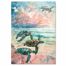 Four Sea Turtles Swimming in a Pastel Ocean Watercolor Canvas Wall Art