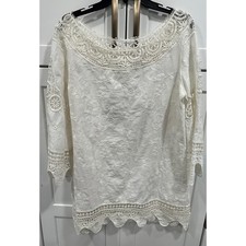 La Blanca Womens White Cotton Crochet Lace Floral Embroidered Tunic Cover Up M