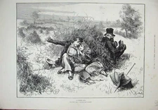 Original Old Antique Print 1891 Summer Country Scene Man Women Romance Trees