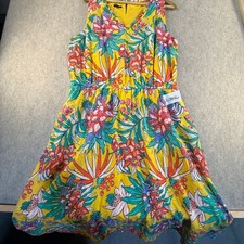 Talbots Yellow Tropical Parrot Pineapple Swiss Dot Sleeveless Midi Dress 14