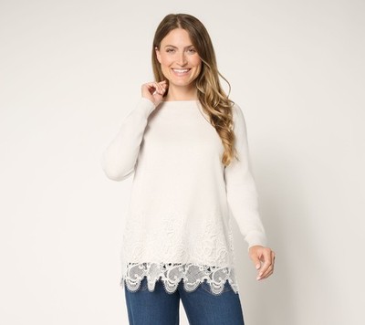 LOGO by Lori Goldstein Lavish Cotton Cashmere Lace Hem Sweater Opal White XS New