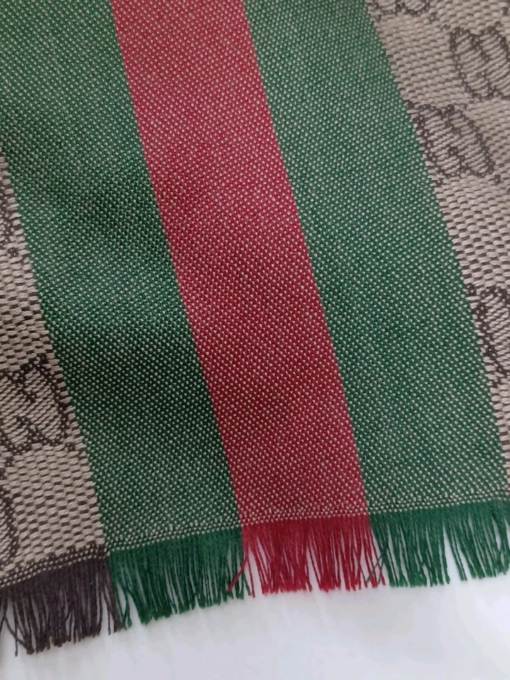 Gucci Scarf Unisex Wool And Silk Brown Green Red Stripe Made in Italy Authentic  Foto 3 de 4
