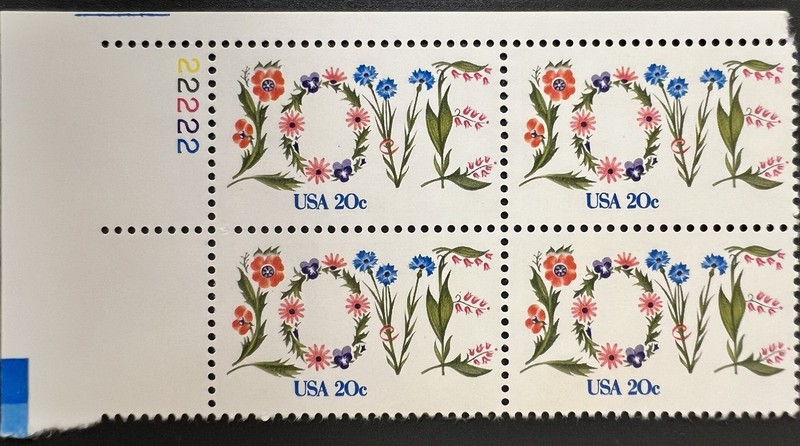 US Plate Block of 4 1982 Love Flowers Scott 1951 #22222 UL MNH