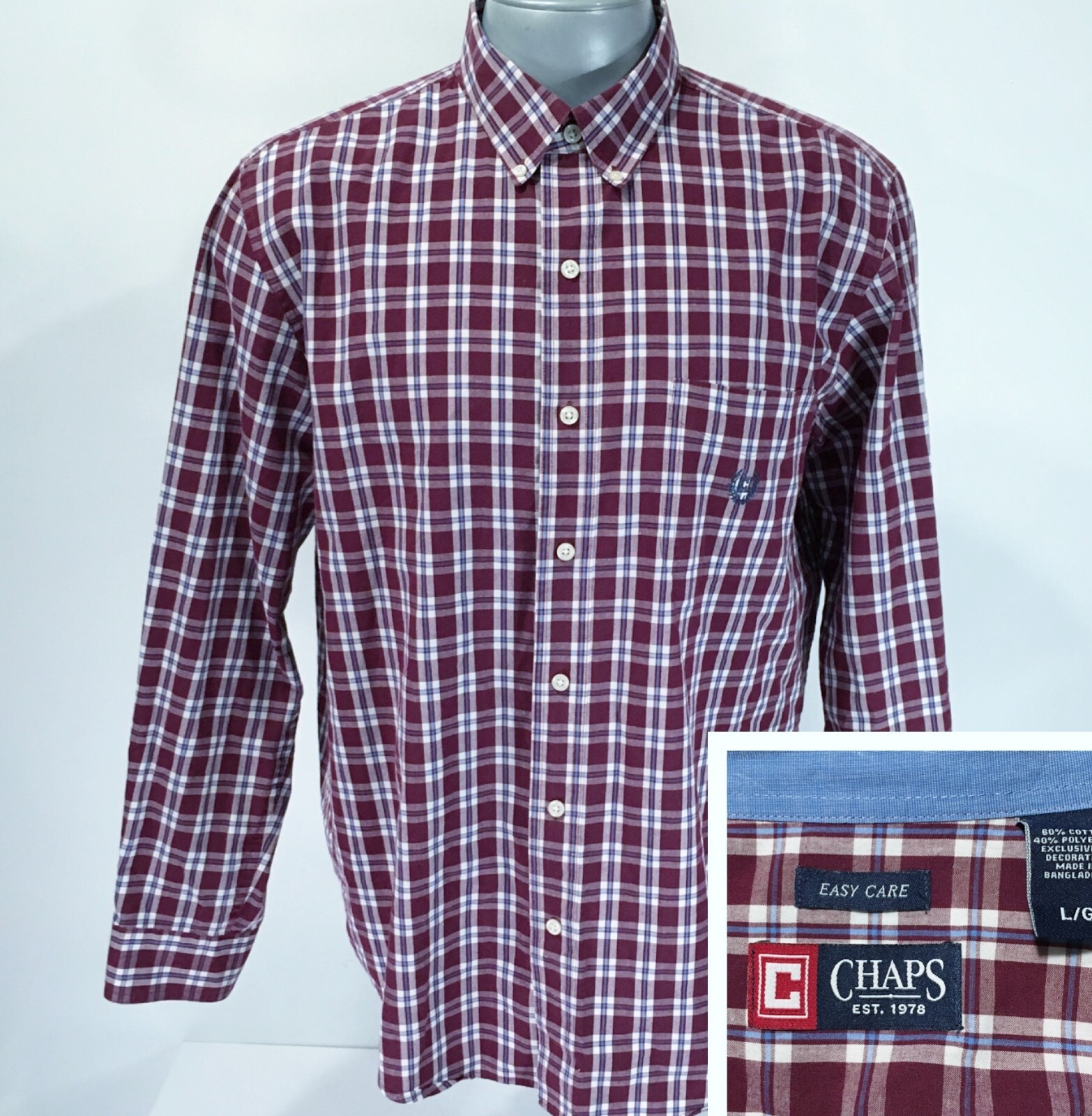 CHAPS Easy Care L Large Long Sleeve Shirt Button Up Maroon Red Blue Plaid Mens