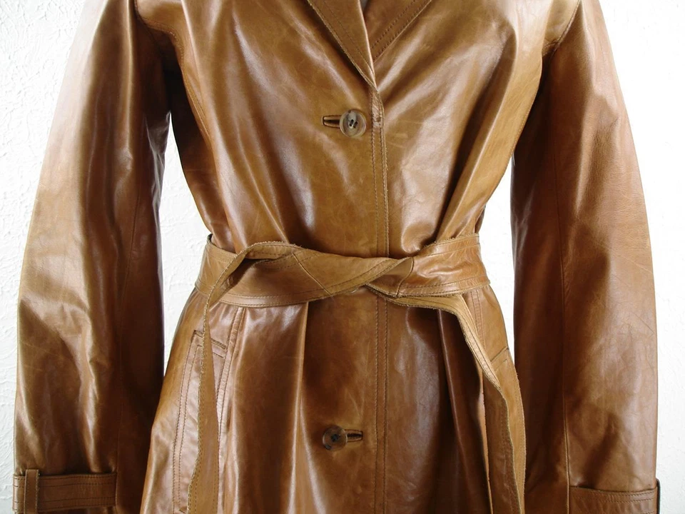 Gabardina larga de cuero marrón tostado con cinturón L Andrew Marc New York $795 nueva con etiquetas para mujer Foto 3 de 4