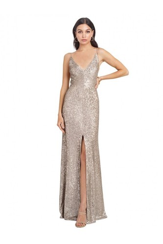 Amsale Samantha Gold Sequin Spaghetti Strap Bridesmaid/Formal Gown Size 6 BHLDN - Picture 2 of 16