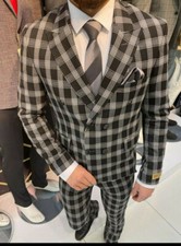 Slim Fit Herrenanzug in Schwarz  Grau Kariert -Doppelreiheranzug-Hochzeit-Sakko