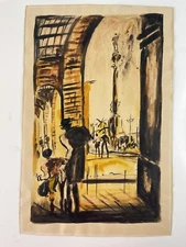 1960s Original Watercolor Barcelona Las Ramblas Liceu Theatre Mirador de Colom