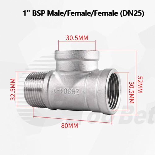 304 Stainless Steel Tee Connector 1/2" - 2" BSP Male Female Thread Pipe Fittings - Picture 27 of 32