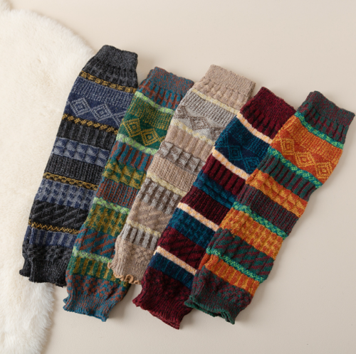 Chaussettes tricotées en laine rayée cadeaux leggings crochet couleur bloc chauffe-jambes - Photo 1/8