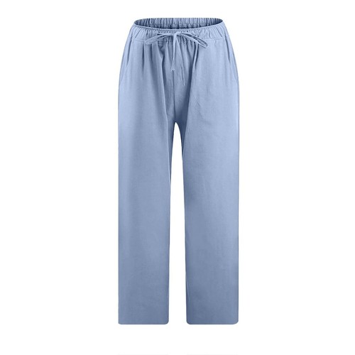 Women Casual Solid Cotton Linen Drawstring Elastic Waist Cropped Capri Pants - Picture 42 of 45