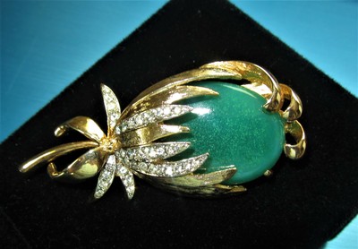 Broche Vintage Strass Et Verre Vert - Bijou Ancien - Très Bon État (à Nettoyer)