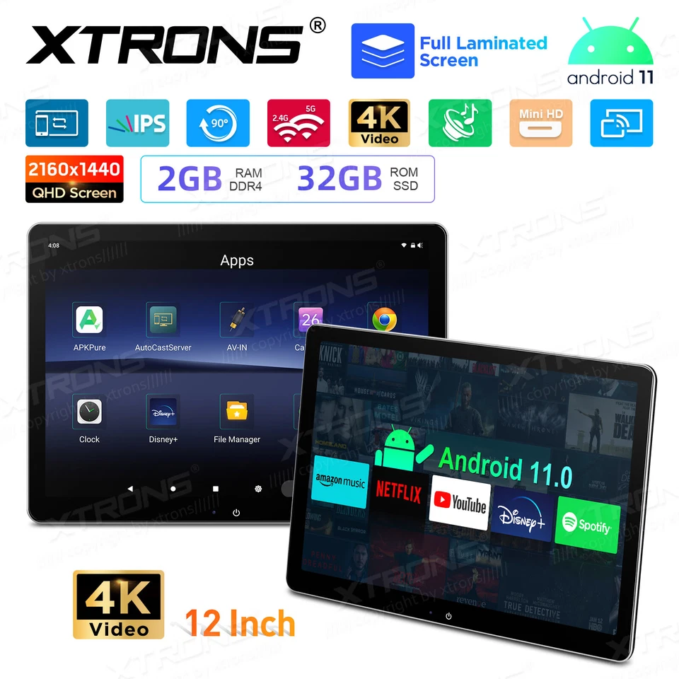 2 Stück 12" Android Auto Kopfstütze Monitor 4K Video IPS HDMI HD QHD TouchScreen - Bild 3 von 4