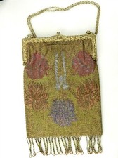 Vtg Golden Seed Bead Purse Bag Fringe Peony Flowers 8.5" x 6.5" T64