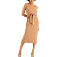 NWT Bar III Ribbed Knit Midi Dress with Attached Belt Stretchy Camel Tan Small