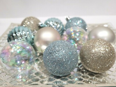 Set Of 10 Coastal Christmas Ornaments - Aqua Blue Glitter Baubles, 2.5 Inch