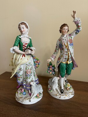 かっきー【Vintage Ceramic Figurine】 Antique Kalk Germany Porcelain Rare Pair Man Women Mirrored 12.25