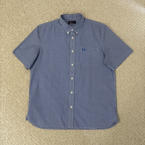 Fred Perry Gingham Karo Hemd Herren XL Extra Large Blau Weiß Kurzarm Mod - Bild 2 von 14