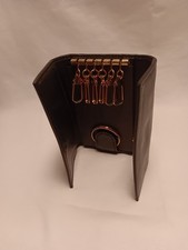 Black Leather Key Holder Case Six Brass Hooks Snap Closure Inside Pockets