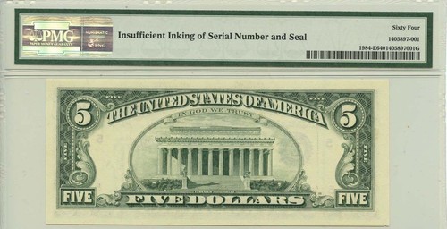 1995 $5 Federal Reserve Note Richmond Fr# 1984-E PMG CH64 Inking Error - Picture 2 of 2