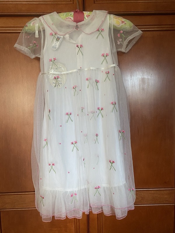 April Cornell dress white w/pink embroidered flowers sz 3/4 2-piece vintage