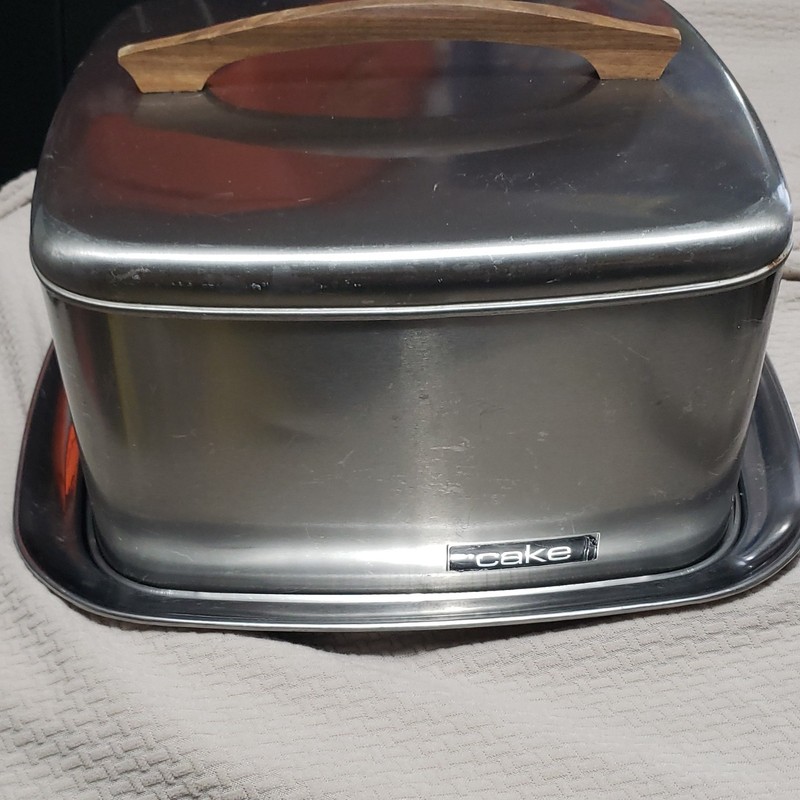 Lincoln Beauty Ware Silver Metal Cake Carrier w/ Lid, Wood Handle