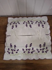 Vintage Handmade Tissue Box Cover Embroidered Purple Flowers White Satin Granny